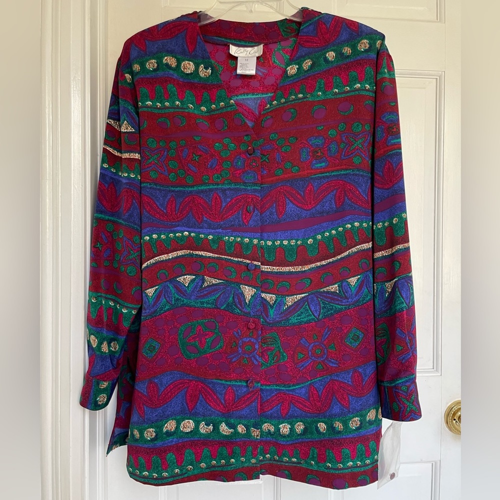 Colorful Kathy Che blouse, size 12 red purple and teal